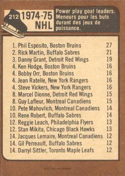 1975-76 O-Pee-Chee #212 1974-75 Power Play Goal Leaders (Phil Esposito / Rick Martin / Danny Grant) Back