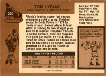 1975-76 O-Pee-Chee #230 Tom Lysiak Back