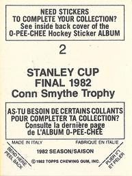 1982-83 O-Pee-Chee Stickers #2 Conn Smythe Trophy Back