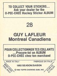 1982-83 O-Pee-Chee Stickers #28 Guy Lafleur Back