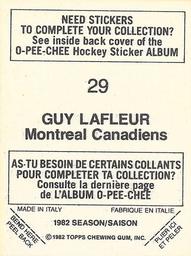 1982-83 O-Pee-Chee Stickers #29 Guy Lafleur Back