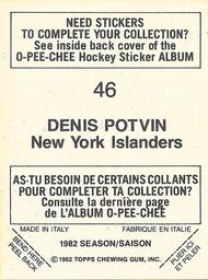1982-83 O-Pee-Chee Stickers #46 Denis Potvin Back