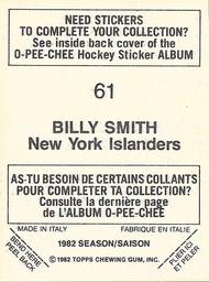 1982-83 O-Pee-Chee Stickers #61 Billy Smith Back