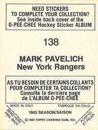 1982-83 O-Pee-Chee Stickers #138 Mark Pavelich Back
