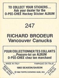 1982-83 O-Pee-Chee Stickers #247 Richard Brodeur Back