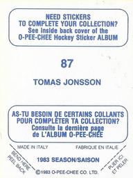 1983-84 O-Pee-Chee Stickers #87 Tomas Jonsson  Back