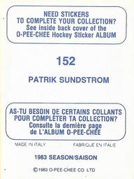 1983-84 O-Pee-Chee Stickers #152 Patrik Sundstrom  Back