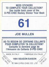 1984-85 O-Pee-Chee Stickers #61 Joe Mullen Back
