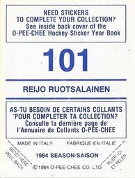 1984-85 O-Pee-Chee Stickers #101 Reijo Ruotsalainen Back