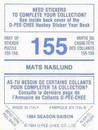 1984-85 O-Pee-Chee Stickers #155 Mats Naslund Back