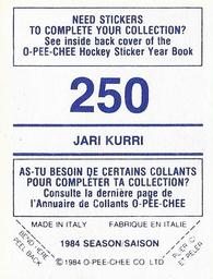 1984-85 O-Pee-Chee Stickers #250 Jari Kurri Back