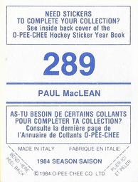 1984-85 O-Pee-Chee Stickers #289 Paul MacLean Back