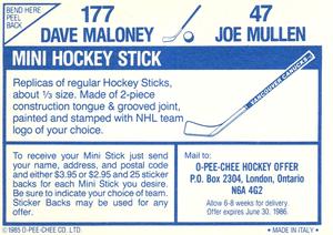 1985-86 O-Pee-Chee Stickers #47 / 177 Joe Mullen / Dave Maloney Back