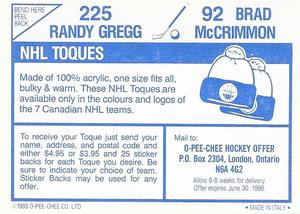 1985-86 O-Pee-Chee Stickers #92 / 225 Brad McCrimmon / Randy Gregg Back