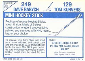 1985-86 O-Pee-Chee Stickers #129 / 249 Tom Kurvers / Dave Babych Back