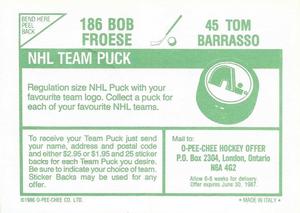 1986-87 O-Pee-Chee Stickers #45 / 186 Tom Barrasso / Bob Froese Back