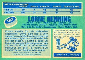 1976-77 O-Pee-Chee #193 Lorne Henning Back