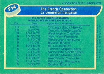 1976-77 O-Pee-Chee #214 The French Connection (Rick Martin / Gil Perreault / Rene Robert) Back