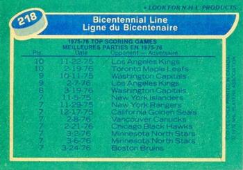 1976-77 O-Pee-Chee #218 Bicentennial Line (Lowell MacDonald / Syl Apps / Jean Pronovost) Back
