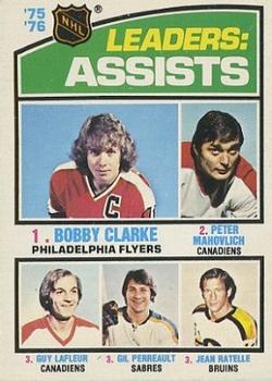 1976-77 O-Pee-Chee #2 '75'-76 Leaders: Assists (Bobby Clarke / Peter Mahovlich / Guy Lafleur / Gil Perreault / Jean Ratelle) Front