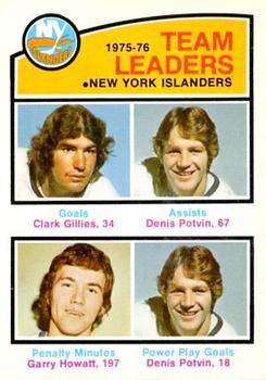 1976-77 O-Pee-Chee #389 New York Islanders Team Leaders (Clark Gillies / Denis Potvin / Garry Howatt) Front