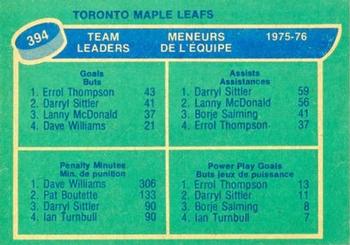 1976-77 O-Pee-Chee #394 Toronto Maple Leafs Team Leaders (Errol Thompson / Darryl Sittler / Dave Williams) Back