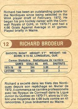 1976-77 O-Pee-Chee WHA #12 Richard Brodeur Back