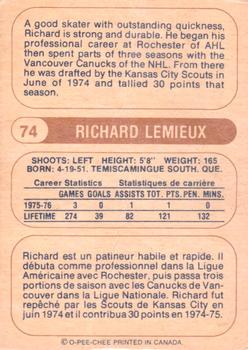 1976-77 O-Pee-Chee WHA #74 Richard Lemieux Back
