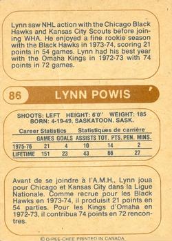 1976-77 O-Pee-Chee WHA #86 Lynn Powis Back