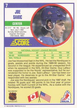 1990-91 Score Hottest and Rising Stars #7 Joe Sakic Back