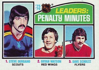 1976-77 Topps #4 '75'-76 Leaders: Penalty Minutes (Steve Durbano / Bryan Watson / Dave Schultz) Front