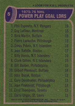 1976-77 Topps #5 '75'-76 Leaders: Power Play Goals (Phil Esposito / Guy LaFleur / Rick Martin / Pierre Larouche / Denis Potvin) Back