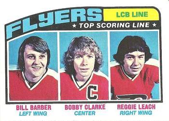 1976-77 Topps #215 LCB Line (Bill Barber / Bobby Clarke / Reggie Leach) Front