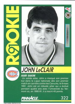 1991-92 Pinnacle French #322 John LeClair Back