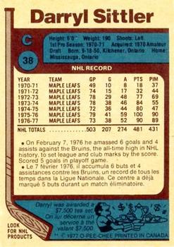 1977-78 O-Pee-Chee #38 Darryl Sittler Back