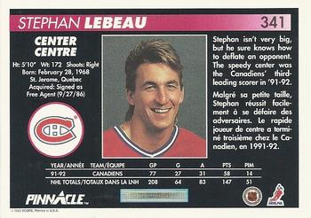 1992-93 Pinnacle Canadian #341 Stephan Lebeau Back