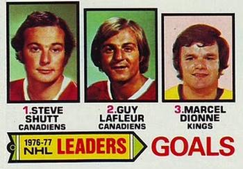 1977-78 Topps #1 1976-77 NHL Leaders Goals (Steve Shutt / Guy LaFleur / Marcel Dionne) Front