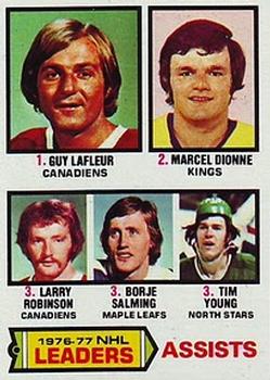 1977-78 Topps #2 1976-77 NHL Leaders Assists (Guy LaFleur / Marcel Dionne / Larry Robinson / Borje Salming / Tim Young) Front