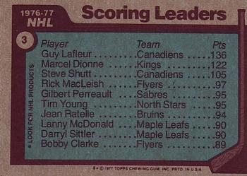 1977-78 Topps #3 1976-77 NHL Leaders Scoring (Guy LaFleur / Marcel Dionne / Steve Shutt) Back