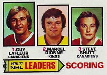 1977-78 Topps #3 1976-77 NHL Leaders Scoring (Guy LaFleur / Marcel Dionne / Steve Shutt) Front