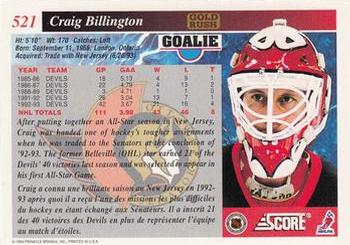 1993-94 Score Canadian - Gold Rush #521 Craig Billington Back