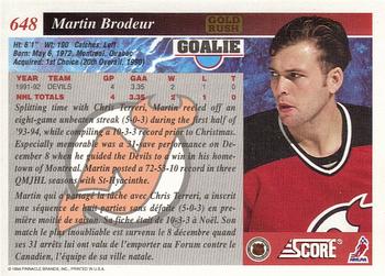 1993-94 Score Canadian - Gold Rush #648 Martin Brodeur Back