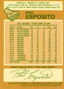 1978-79 O-Pee-Chee #100 Phil Esposito Back