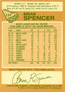 1978-79 O-Pee-Chee #137 Brian Spencer Back