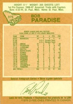 1978-79 O-Pee-Chee #375 Bob Paradise Back