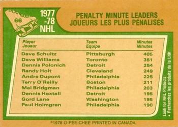 1978-79 O-Pee-Chee #66 1977-78 Penalty Min Leaders (Dave Schultz / Dave Williams / Dennis Polonich) Back