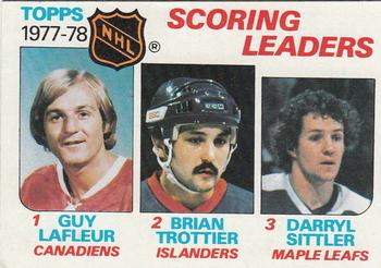 1978-79 Topps #65 1977-78 Scoring Leaders (Guy Lafleur / Bryan Trottier / Darryl Sittler) Front