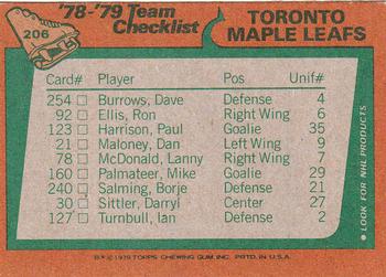 1978-79 Topps #206 Toronto Maple Leafs Team Back