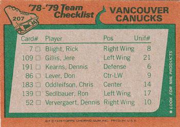 1978-79 Topps #207 Vancouver Canucks Team Back