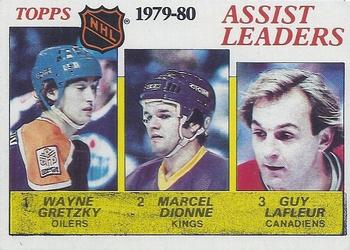 1980-81 Topps #162 1979-80 Assist Leaders (Wayne Gretzky / Marcel Dionne / Guy Lafleur) Front